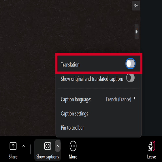 「Show captions」横の∧をクリックし、「Translation」をオンにする