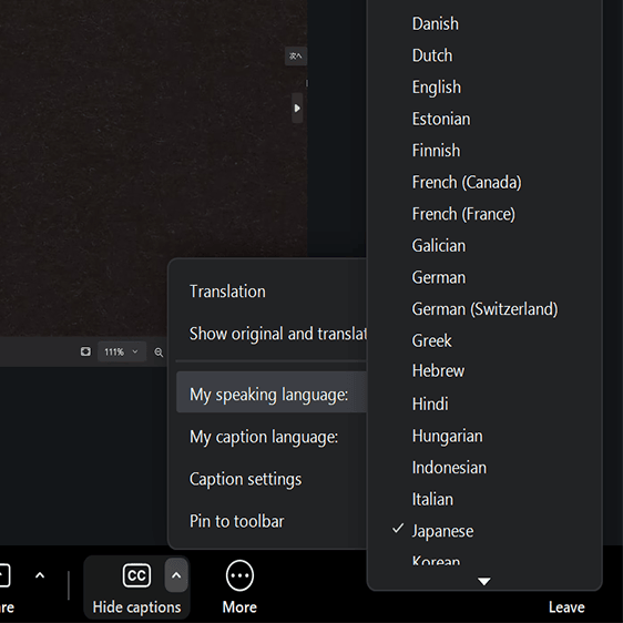 「My speaking language」で話す言語（日本語）を選ぶ